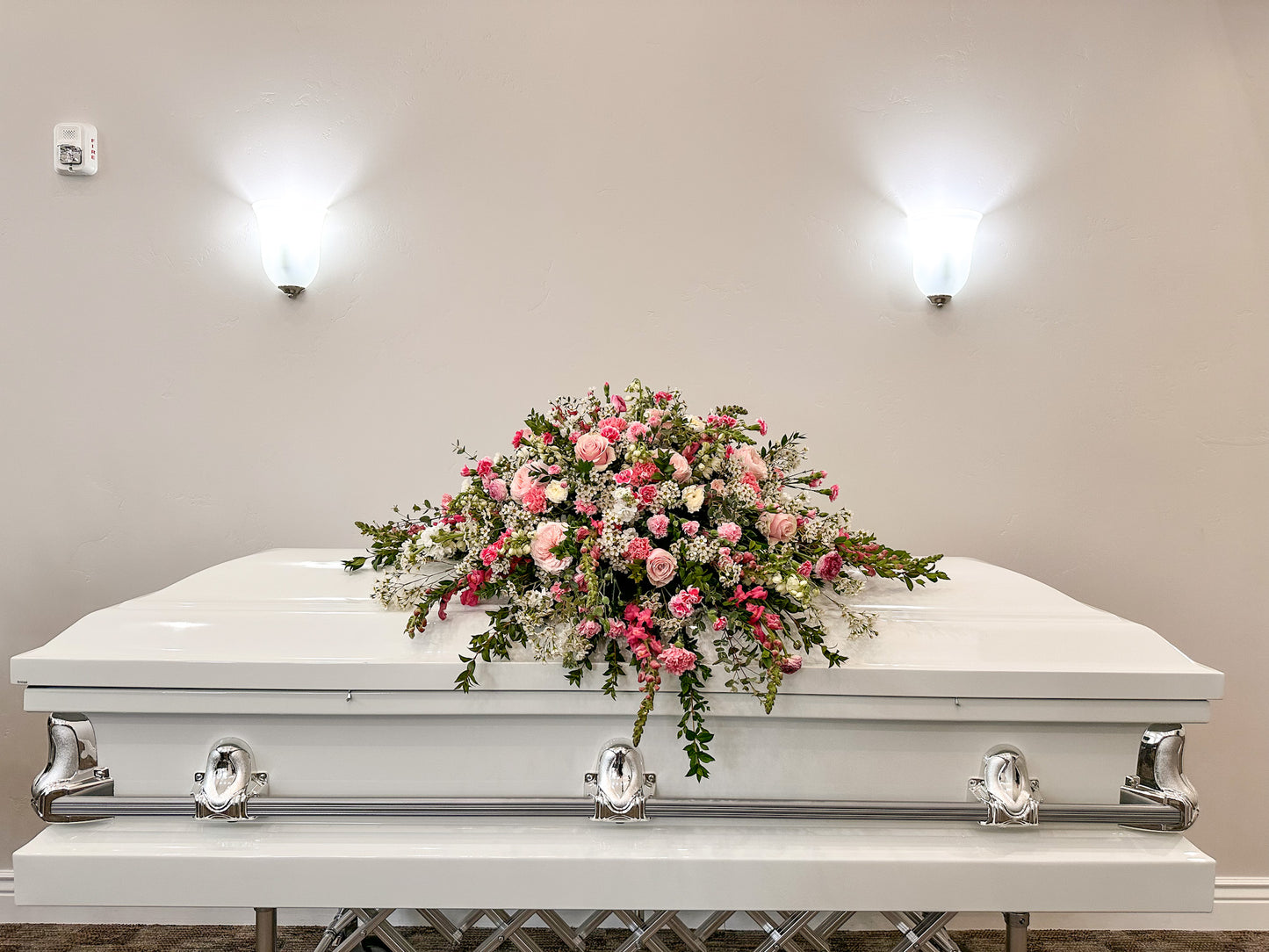Pink Casket Spray Arrangement and Container
