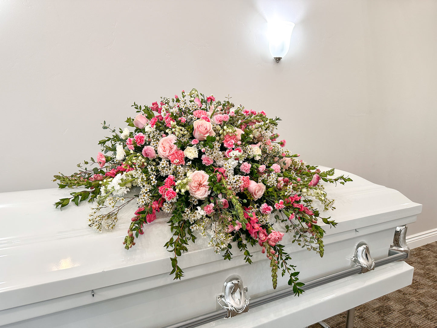 Pink Casket Spray Arrangement and Container